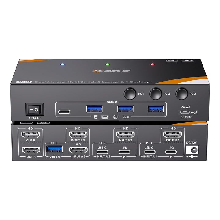 KVM Switch 3 PC 2 Monitore USB-C HDMI, USB 3.0 Dual Monitor KVM Switch für 2 Laptops 1 Desktop Teile