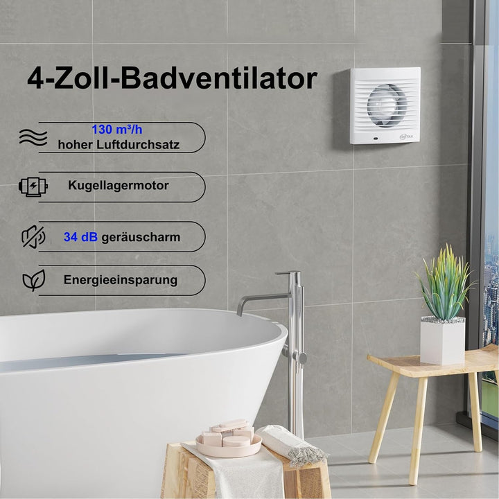 Badlüfter 100mm Abluftventilator Küche, 120m³/h IPX2 Wasserdicht Badlüfter mit Rückstauklappe,für Ba