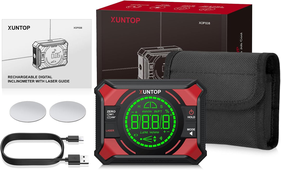 XUNTOP 3 IN 1 Digitaler Winkelmesser Neigungsmesser Laser Wasserwaage Magnetisch Nivellierbox mit LE