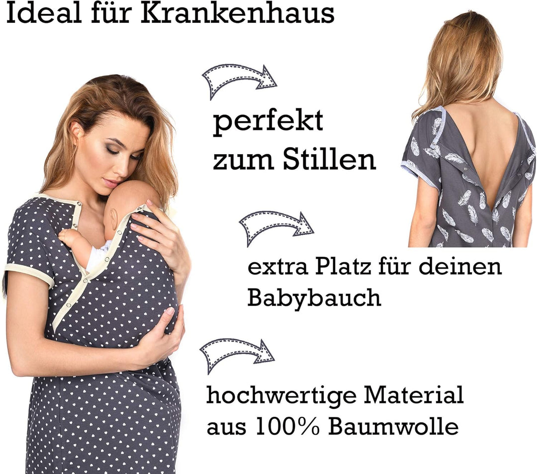 MijaCulture 3 in1 Geburtskleid Stillnachthemd Umstandsnachthemd 4123 M Graphite / mit Federn, M Grap