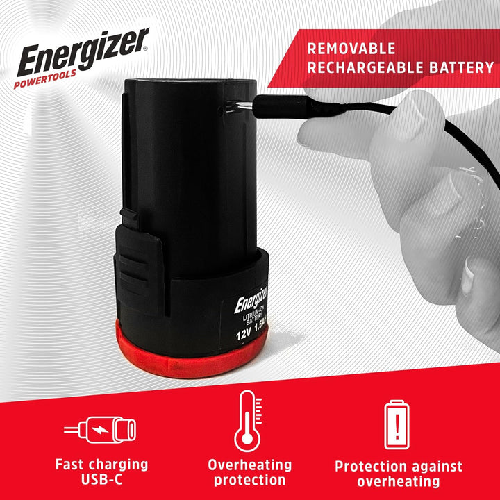 Energizer 12-V-Akkuschrauber – Eingebauter Akku – 25 Nm – 10-mm-Bohrfutter – 1,5 m USB-A/USB-C-Kabel