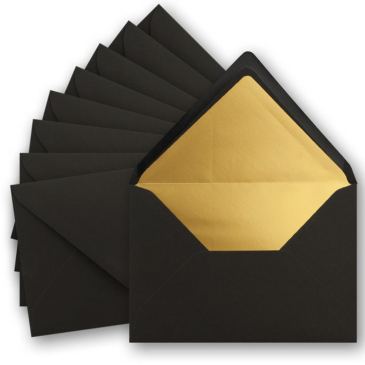 75x metallic Gold-gefütterte Brief-Umschläge DIN C5, schwarz - 156 x 220 mm - Nassklebung mit spitze