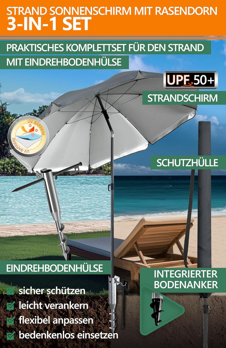 4smile Sonnenschirm Strand 3-IN-1-SET, Ø180 cm Strandschirm windfest stabil + Schutzhülle + Eindrehb