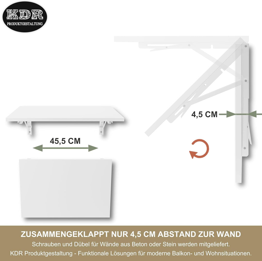 KDR Wandklapptisch 60x40 cm Weiss – Klappbarer Tisch zur Wandmontage – als Esstisch, Schreibtisch, K