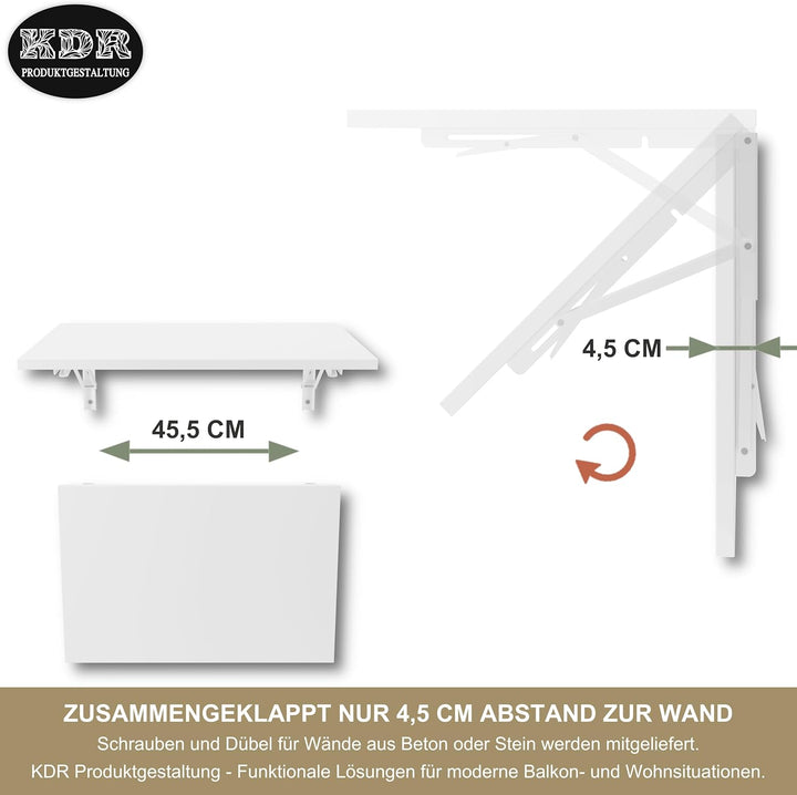 KDR Wandklapptisch 60x40 cm Weiss – Klappbarer Tisch zur Wandmontage – als Esstisch, Schreibtisch, K
