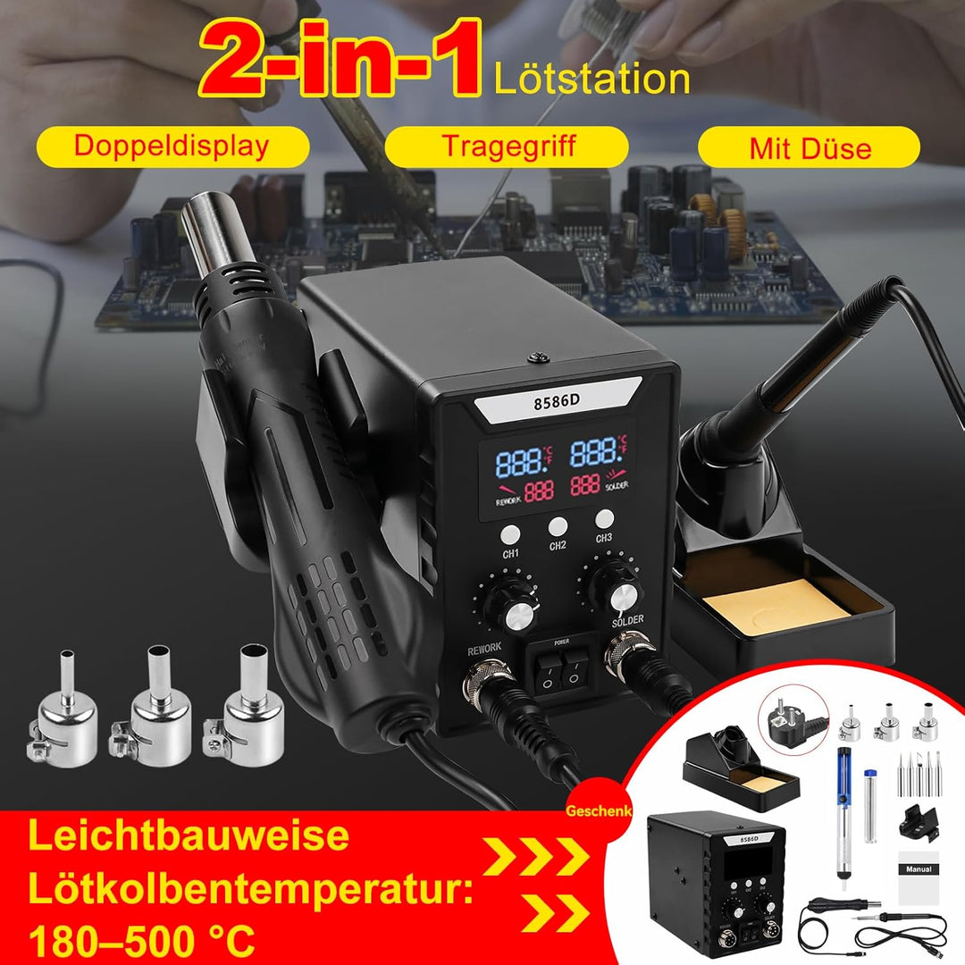 Profi Lötstation, 2 in 1 Heissluft Lötstation Lötkolben Set 8586D, Einstellbare Temperatur 180℃-500℃