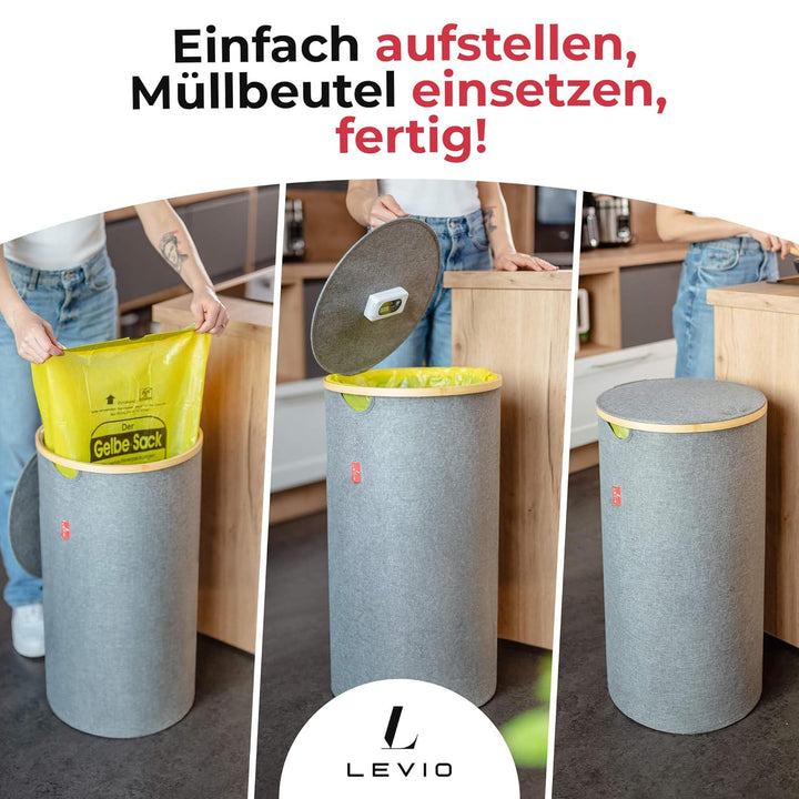 Levio® Gelber Sack Ständer mit Deckel – Müllsackhalter & Müllsackständer [80L mit Geruchsfilter] – M