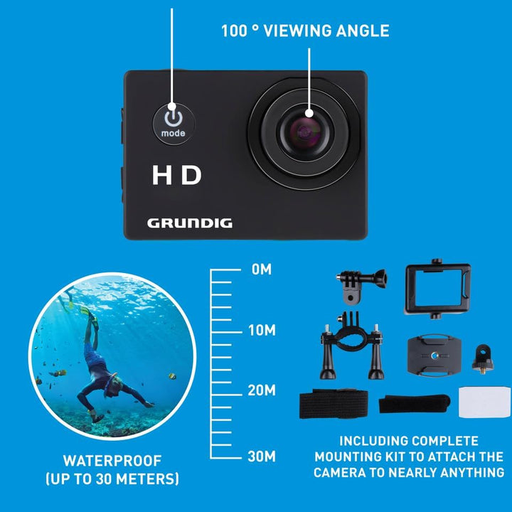 Grundig Action Kamera HD720P - Unterwasserkamera - Wasserdicht bis zu 30M - 2" LCD Bildschirm - Inkl