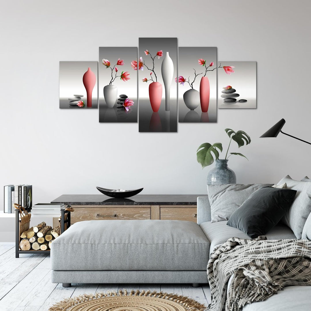 Runa Art Wandbilder Blumen Magnolien 5 Teilig Bild auf Vlies Leinwand Deko Wohnzimmer Spa Rot Grau 0