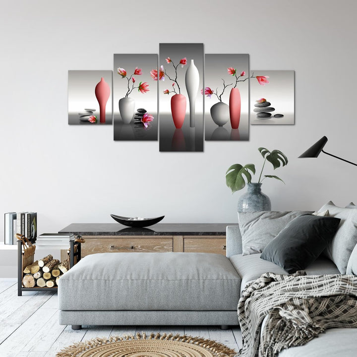 Runa Art Wandbilder Blumen Magnolien 5 Teilig Bild auf Vlies Leinwand Deko Wohnzimmer Spa Rot Grau 0