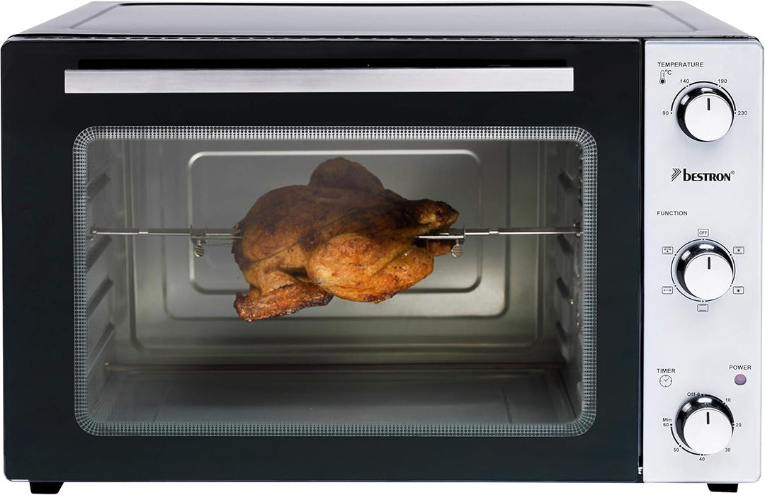 Bestron AOV55 2-in-1 Mini-Backofen mit Drehspiess, 55 Liter, 2000 W, Edelstahl, Schwarz 55 Liter Min