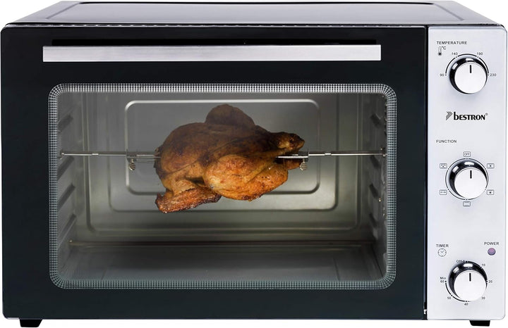 Bestron AOV55 2-in-1 Mini-Backofen mit Drehspiess, 55 Liter, 2000 W, Edelstahl, Schwarz 55 Liter Min