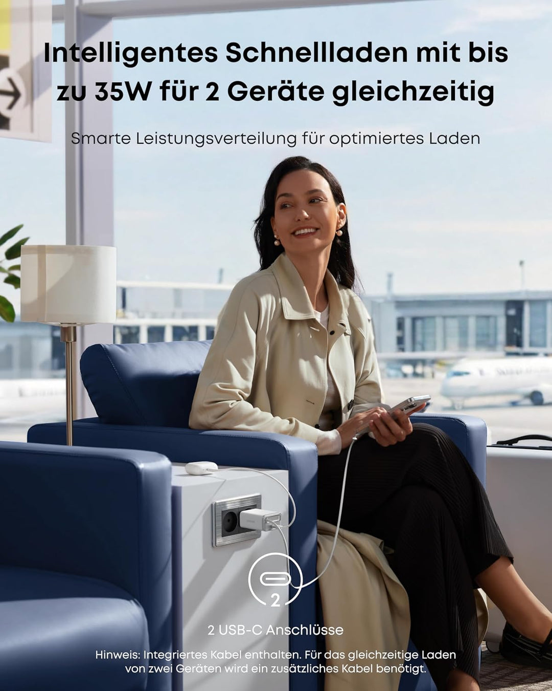 Anker Nano 35W USB C Ladegerät, kompaktes 2 Anschlüsse, InstaCord Kabel weiss 1, weiss 1