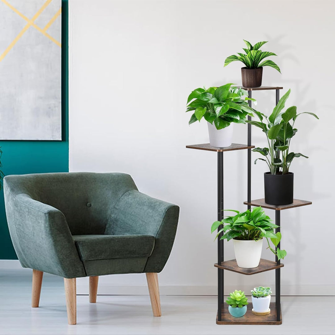 Generisch 5 Tier Hölzern Metall Blumenständer, Mehrstöckig Abnehmbarer Pflanzenständer Pflanzenregal
