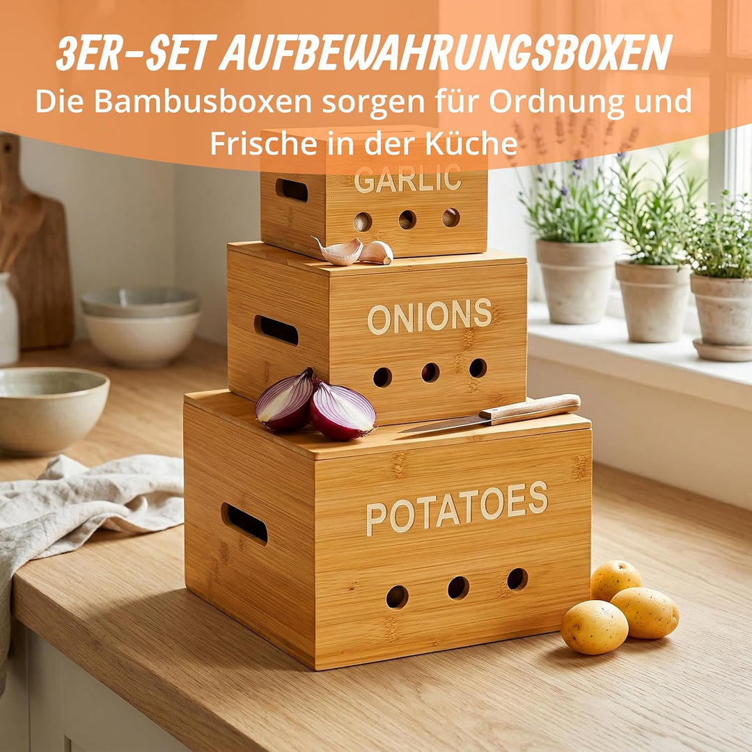 Relaxdays Aufbewahrungsboxen, 3 Grössen, Kartoffelaufbewahrungsbox, Zwiebelbox, Knoblauchbehälter, K