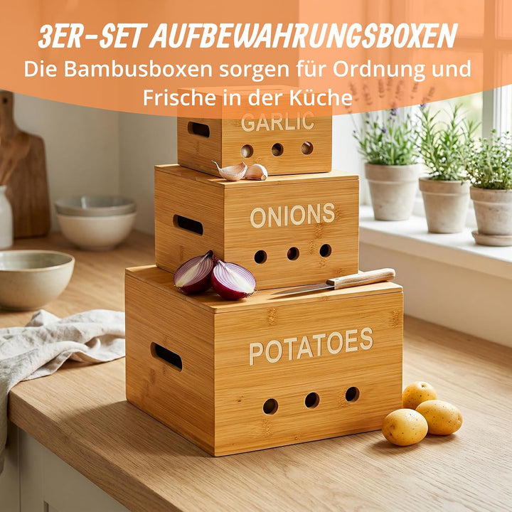 Relaxdays Aufbewahrungsboxen, 3 Grössen, Kartoffelaufbewahrungsbox, Zwiebelbox, Knoblauchbehälter, K