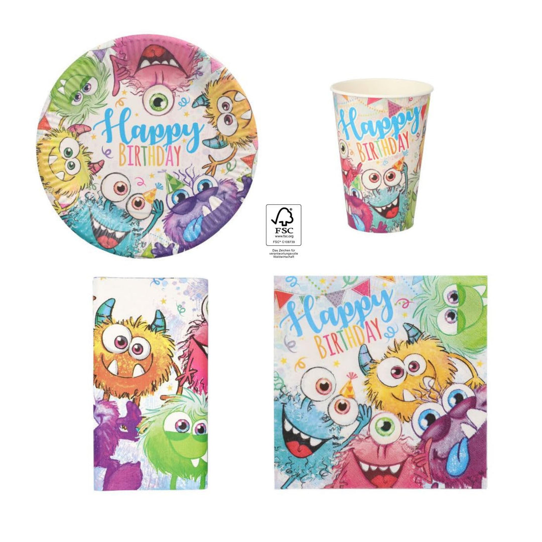 Ameisenkeks® Geburtstags-Set Funny Monsters Partygeschirr Teller Becher Servietten Tischdecke 31 Tei