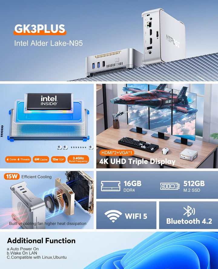 NiPoGi GK3 Plus Mini PC 𝖶indows 11, Ιntel Alder Lake-N95(bis zu 3,40 GHz), 16GB DDR4 512GB M.2 SSD M