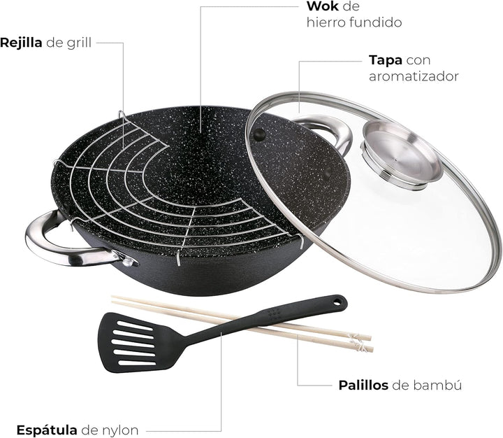 Renberg - Wasabi Wok Gusseiserne Wokpfanne 28cm| Mit Marmorbeschichtung| Mit Glasdeckel| Mit Nylonsp