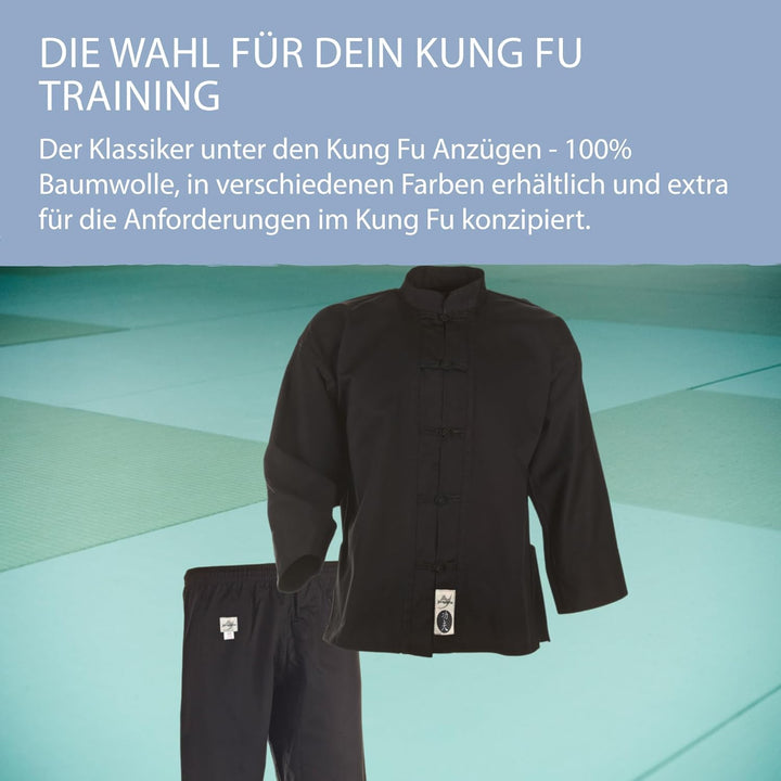 Ju-Sports Kung Fu Anzug schwarz - Solider Kampfsport Anzug im klassischen Schnitt mit Kordelknöpfen