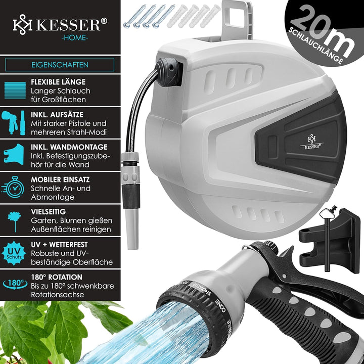 KESSER® Schlauchtrommel Wasser 30+2m Schlauchaufroller Inkl. 2-Wege-Verteiler + Multi-Handbrause Was