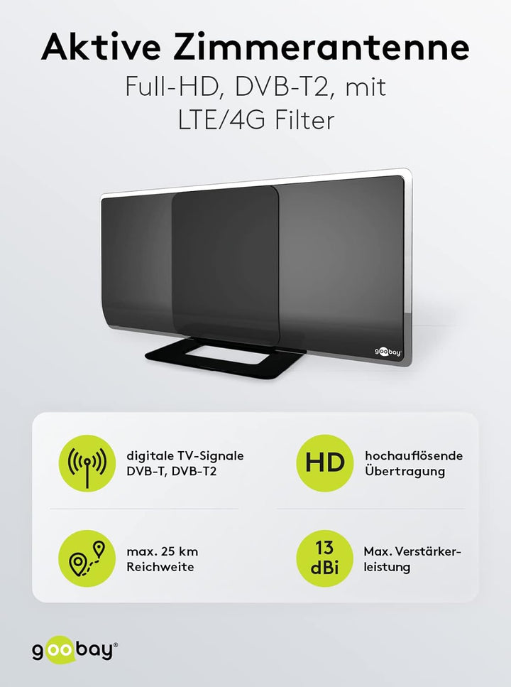 Goobay 67179 DVBT2 Antenne mit Verstärker innen / Aktive DAB Zimmerantenne für Fernseher HDTV Full H