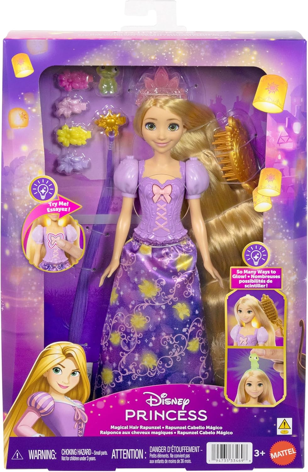 Mattel Disney Princess Rapunzel Modepuppe mit leuchtendem Haar und 4 weiteren Leuchtmöglichkeiten, P