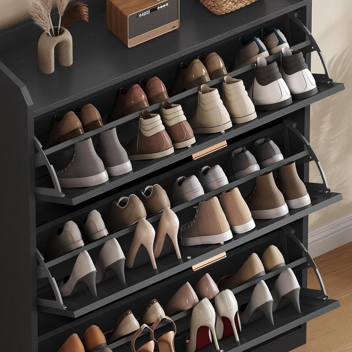 Schuhschrank mit 3 Klappen, Schuhkipper Schmal, Trennwand Verstellbar, für 16-24 Paar Schuhe, Flur,