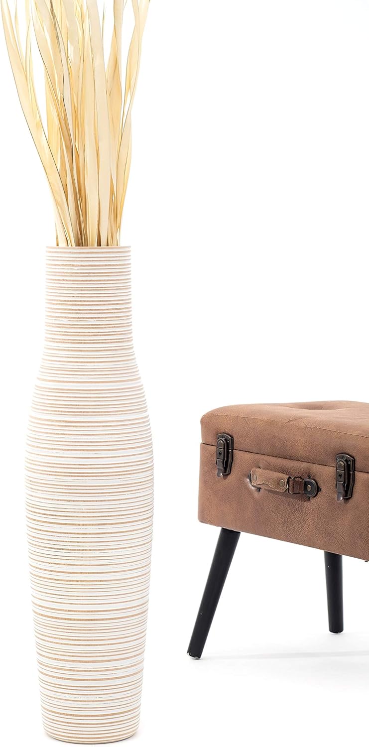 Leewadee Grosse Bodenvase für Dekozweige hohe Standvase Design Holzvase, Holz, 70 cm, White Wash 70