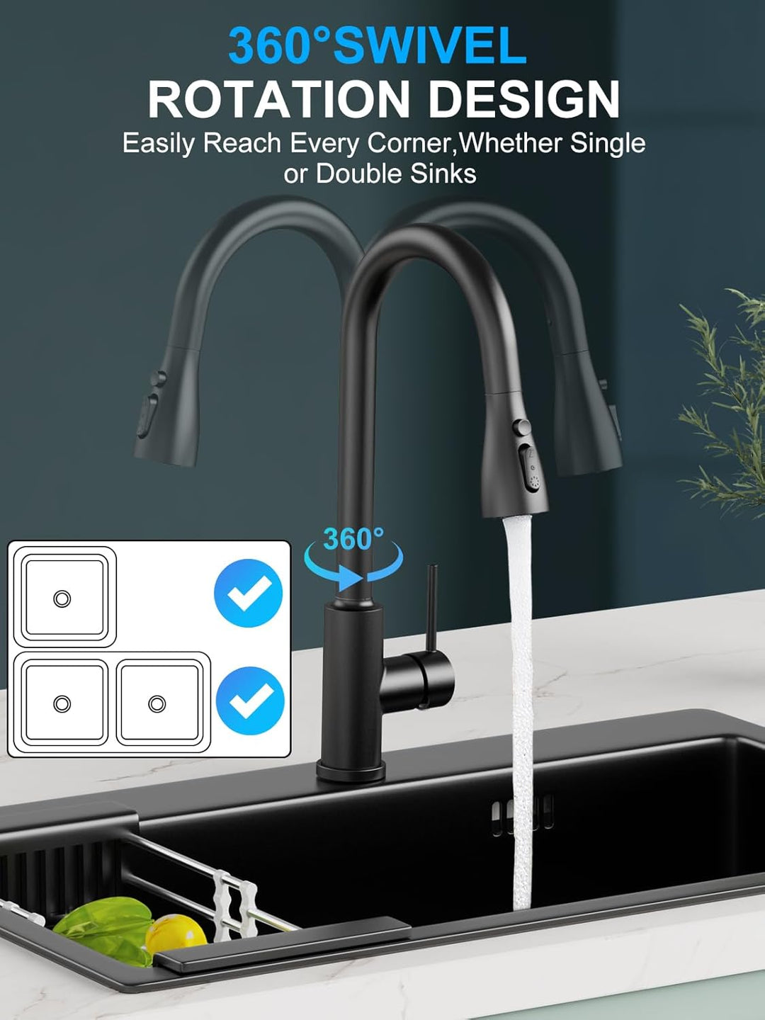 Wasserhahn Spüle Küche mit Brause Ausziehbar - SREWOHS PRO Hochdruck Küchenarmatur Mischbatterie 360