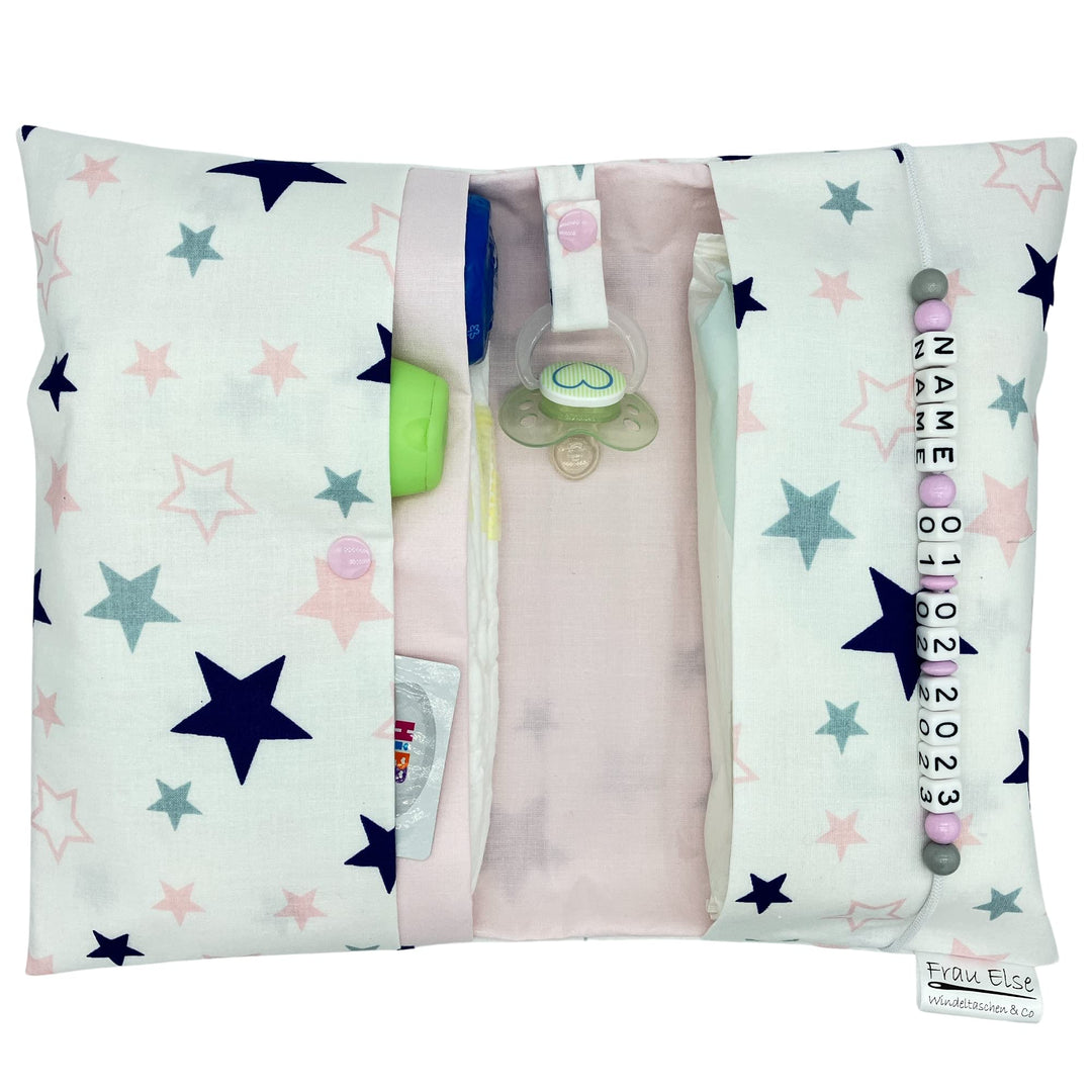 Grosse Windeltasche XXL mit Name personalisiert Wickeltasche - Sterne weiss rosa - für Mädchen