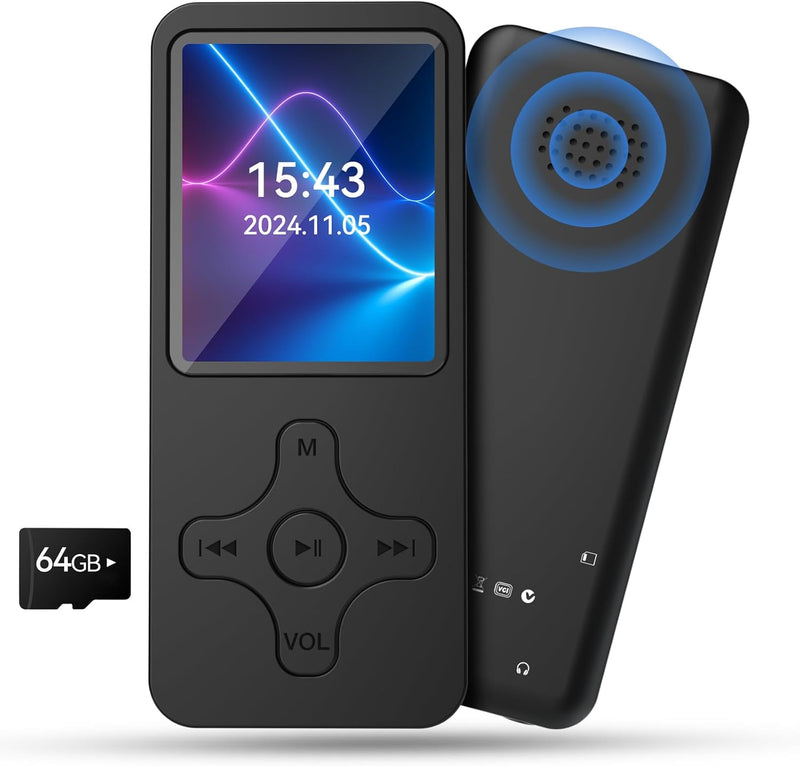 Gueray MP3 Player Bluetooth mit 64GB TF-Karte MP3 Player mit Lautsprecher für hörbücher geeignet Unt