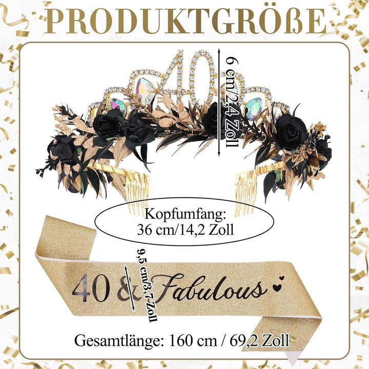 Geburtstagskrone Schärpe Set, Schwarz-Goldene Blumen Tiara Krone und Schärpe, Geburtstagsgeschenk fü