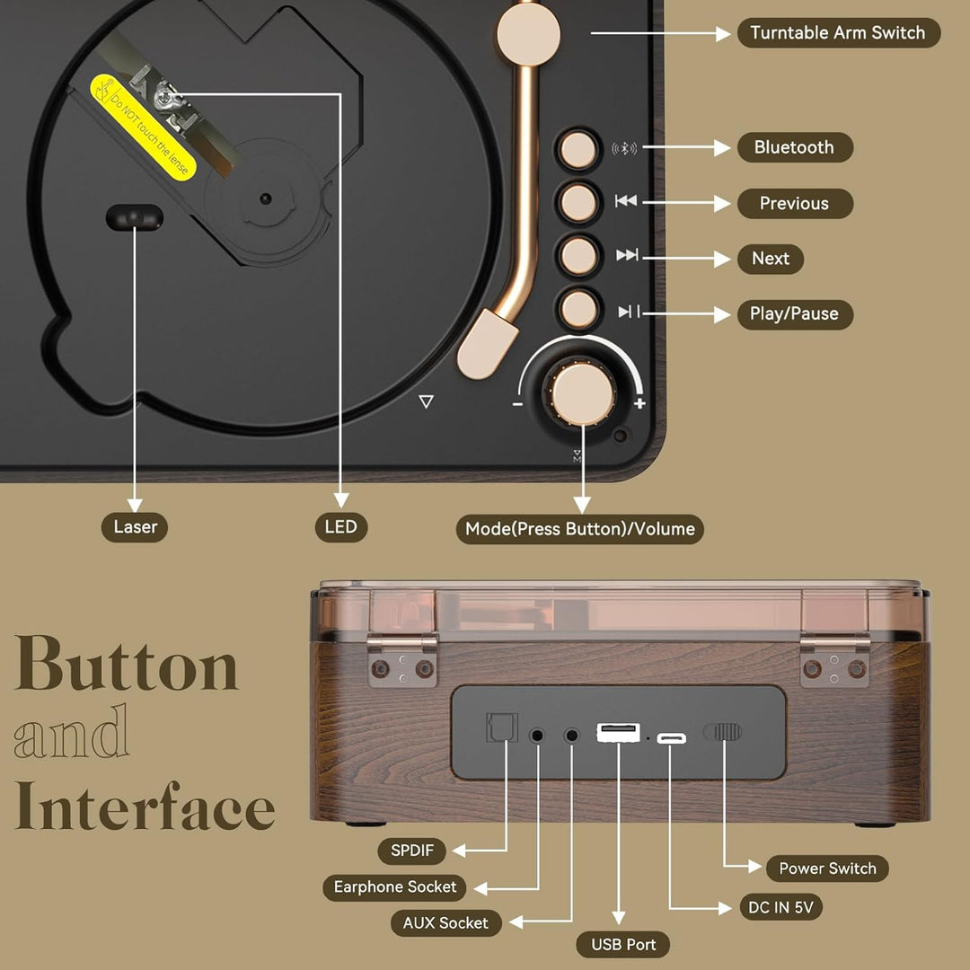 KOVCDVI CD Player Bluetooth Retro Radio mit CD Player mit Lautsprecher Unterstützung USB & AUX-Wiede