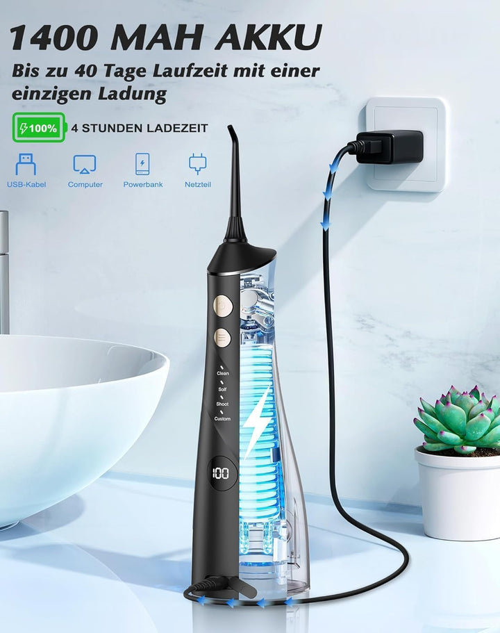 Munddusche Kabellos Elektrischer, 2025 Testsieger, 5 Jet-Tipps und 4 Modi, Zahnpflege und Zahnreinig