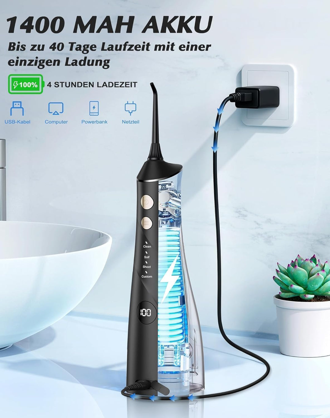 Munddusche Kabellos Elektrischer, 2025 Testsieger, 5 Jet-Tipps und 4 Modi, Zahnpflege und Zahnreinig