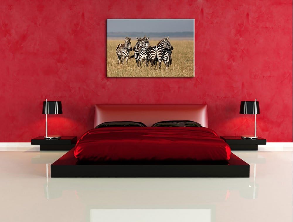kleine Zebrahorde Leinwand, XXL riesige Bilder fertig gerahmt mit Keilrahmen, Kunstdruck auf Wandbil