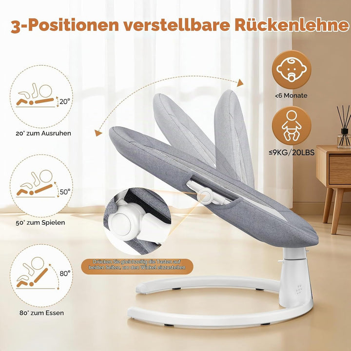 Verstellbare Rückenlehne Babyschaukel, Bluetooth Elektrisch Babywippe Mit Abnehmbares Kissen und Abn