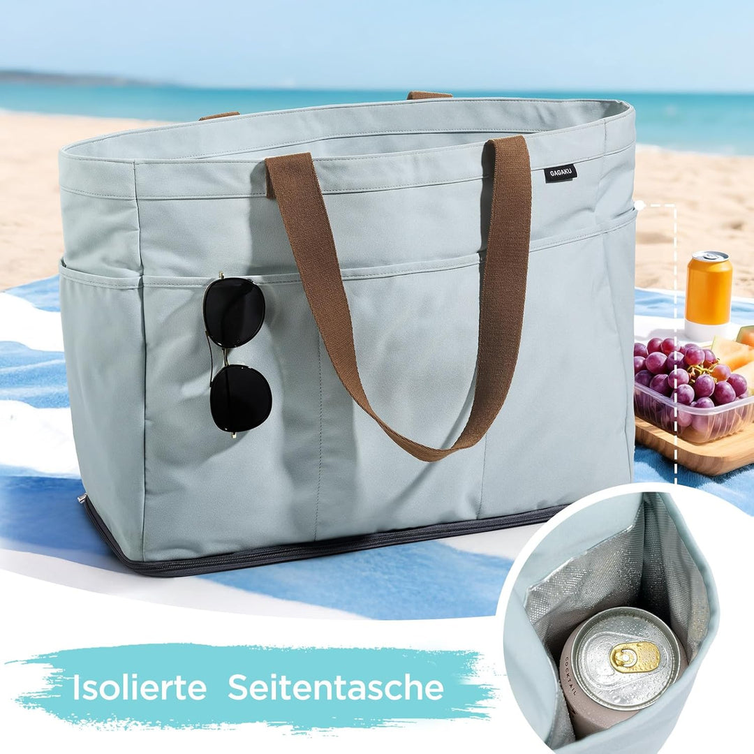 GAGAKU Strandtasche XXL mit Kühlfach, Wasserfest Beach Bag mit Reissverschluss – Faltbar Gross Badet