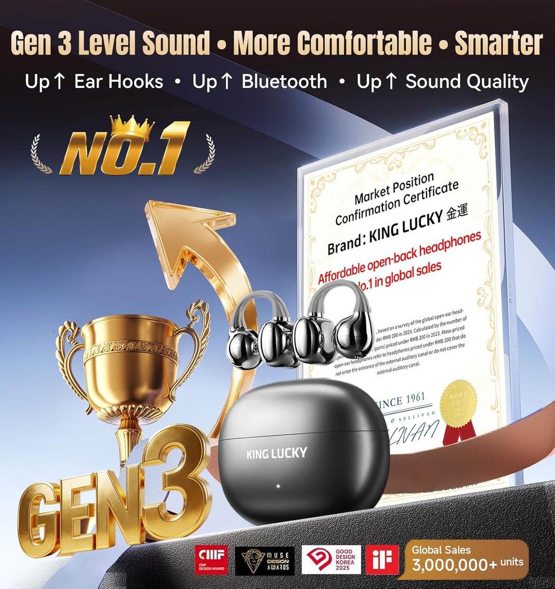 King Lucky Open-Ear-Kopfhörer Kabellos Bluetooth 6.0–Clip-On-Ohrhörer mit Mikrofon,50h Spielzeit,ENC
