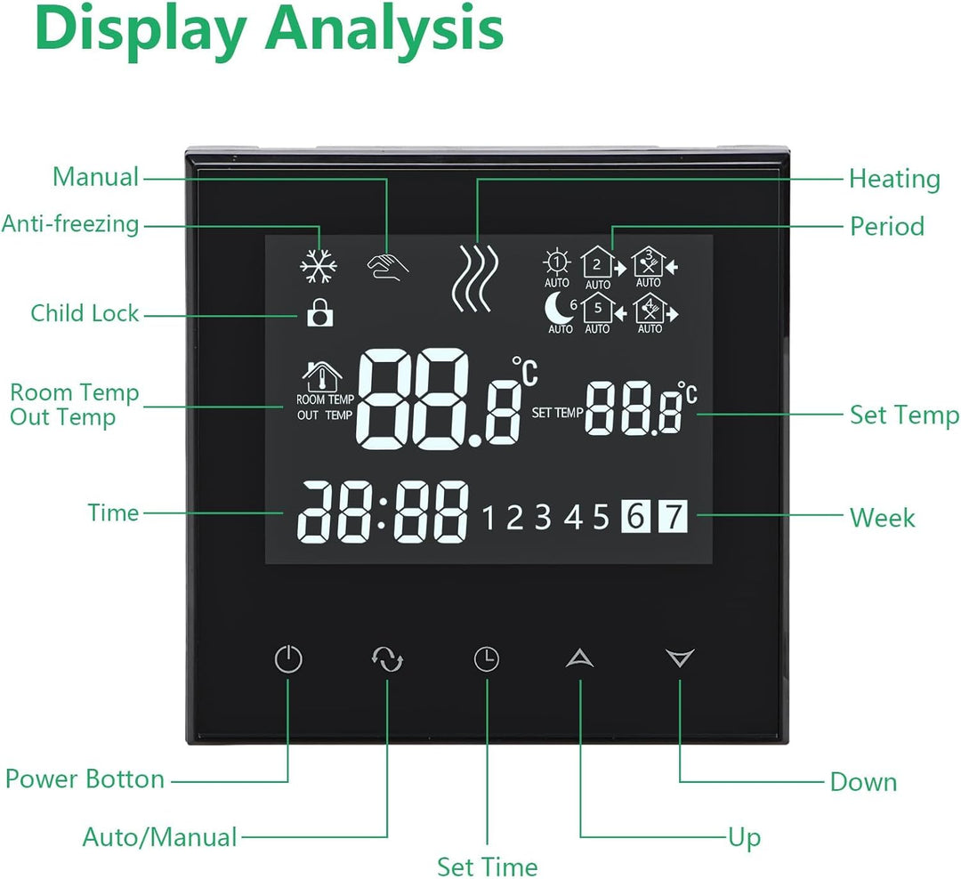 Wengart Home Thermostat WG03-4, AC230V Max16A Programmierbares Touchscreen LCD-Display Arbeit für el