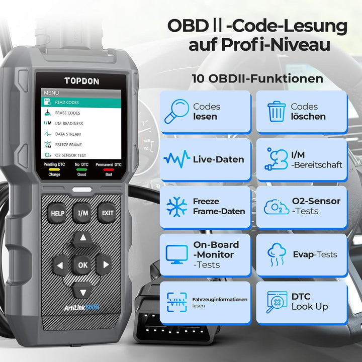 TOPDON ArtiLink500B OBD2 Diagnosegerät Auto und Batterietester 2-in-1, Universal KFZ-Fehlercode-Lese