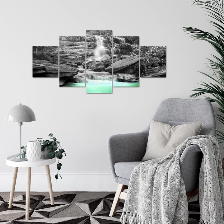 Runa Art Wandbilder Wasserfall 5 Teilig Bild auf Vlies Leinwand Deko Wohnzimmer Schlafzimmer Panoram