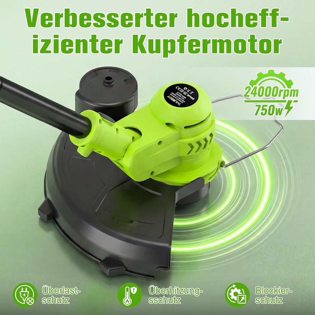 Akku Rasentrimmer 21V, 2-in-1 Rasentrimmer & Kantenschneider, LCD Akkuanzeige, 2×2000mAh Akku, Autom