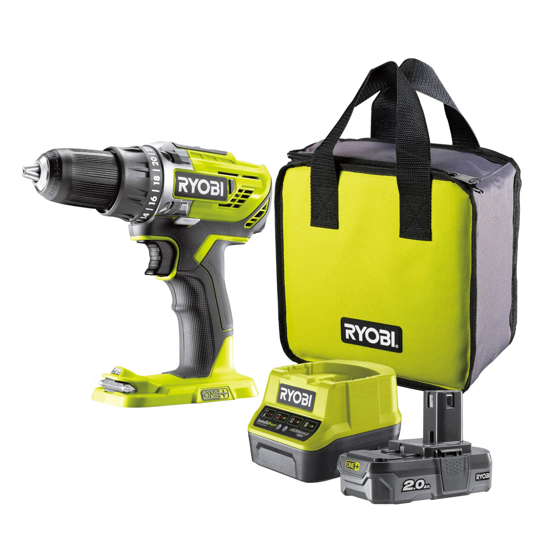 RYOBI 18 V ONE+ Akku-Bohrschrauber Set R18DD3-120S, inkl. 1 x 18 V 2,0 Ah Lithium+ Akku, Ladegerät,