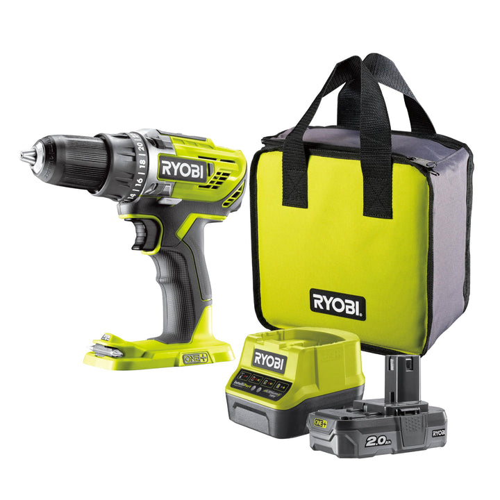 RYOBI 18 V ONE+ Akku-Bohrschrauber Set R18DD3-120S, inkl. 1 x 18 V 2,0 Ah Lithium+ Akku, Ladegerät,