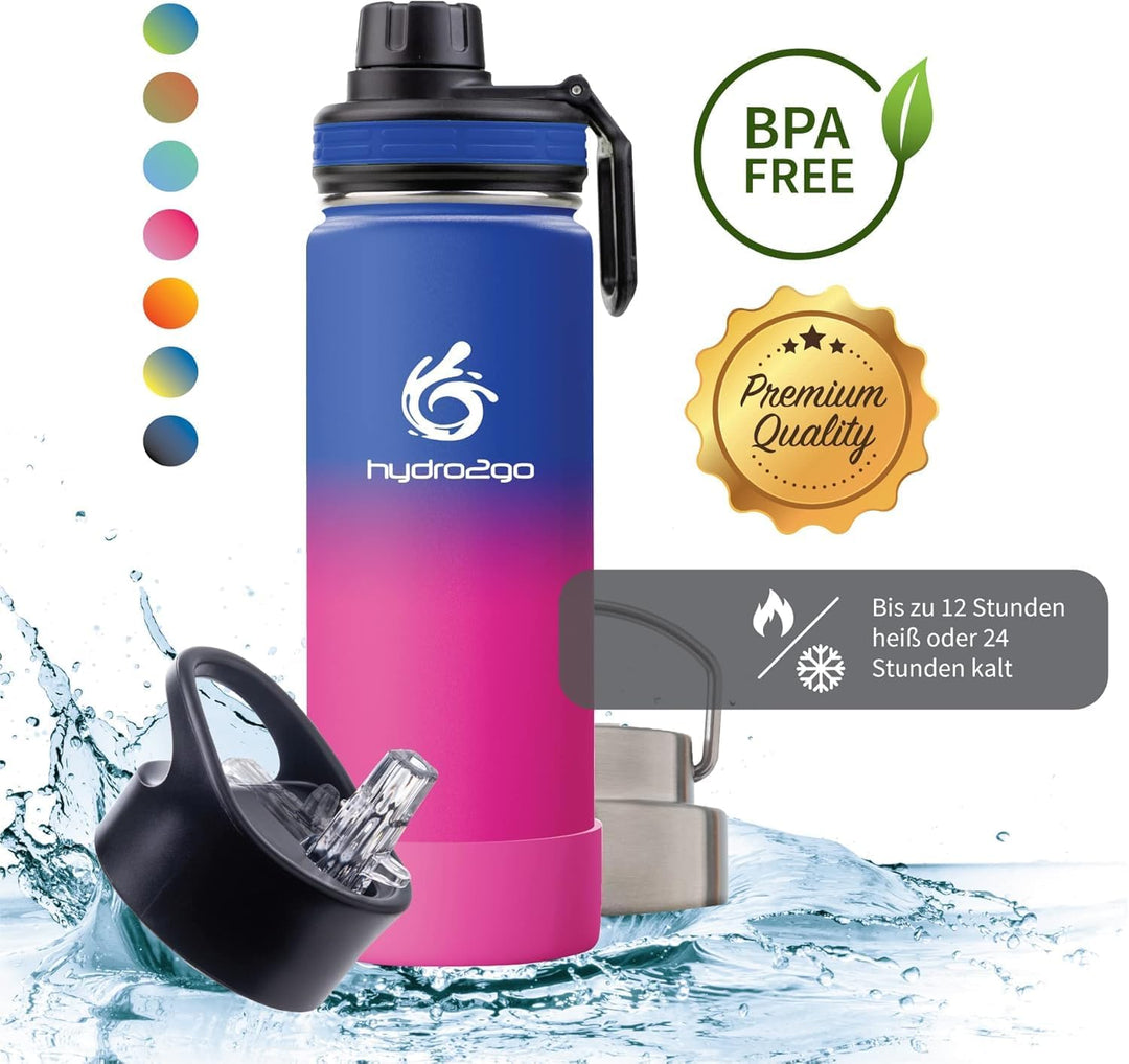hydro2go ® Trinkflasche aus Edelstahl 500 ml / 0.5 Liter - für Kinder, Schule, Sport, Fitness & Outd