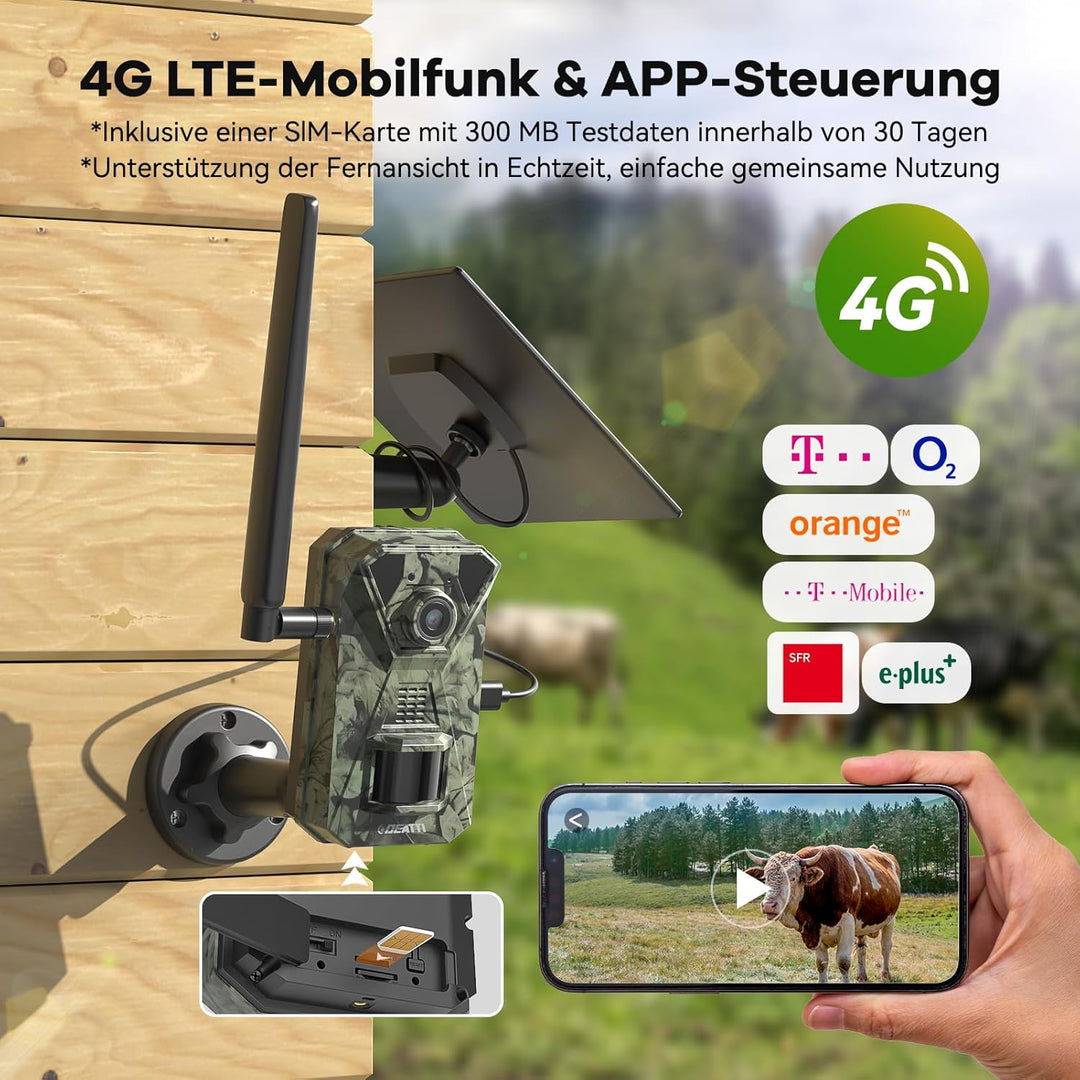 DEATTI 4G LTE Wildkamera mit Handyübertragung APP, 2.7K Solar Wildkamera mit SIM Karte, PIR Bewegung
