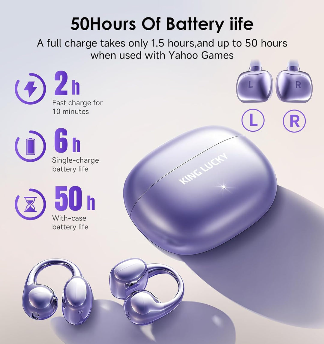 King Lucky Open-Ear-Kopfhörer Kabellos Bluetooth 6.0–Clip-On-Ohrhörer mit Mikrofon,50h Spielzeit,ENC
