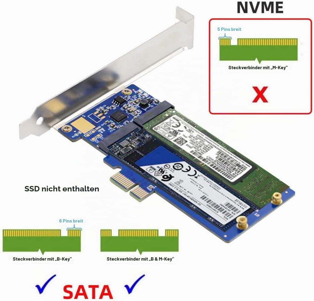 chenyang SATA SSD auf PCI-E x1 Adapter,Dual SATA NGFF Key B+M SSD auf PCI-E x1 Motherboard Adapter J